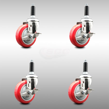 Service Caster 4 Inch 316SS Red Poly Swivel 7/8 Inch Expanding Stem Caster Set Brake SCC SCC-SS316EX20S414-PPUB-RED-TLB-78-4